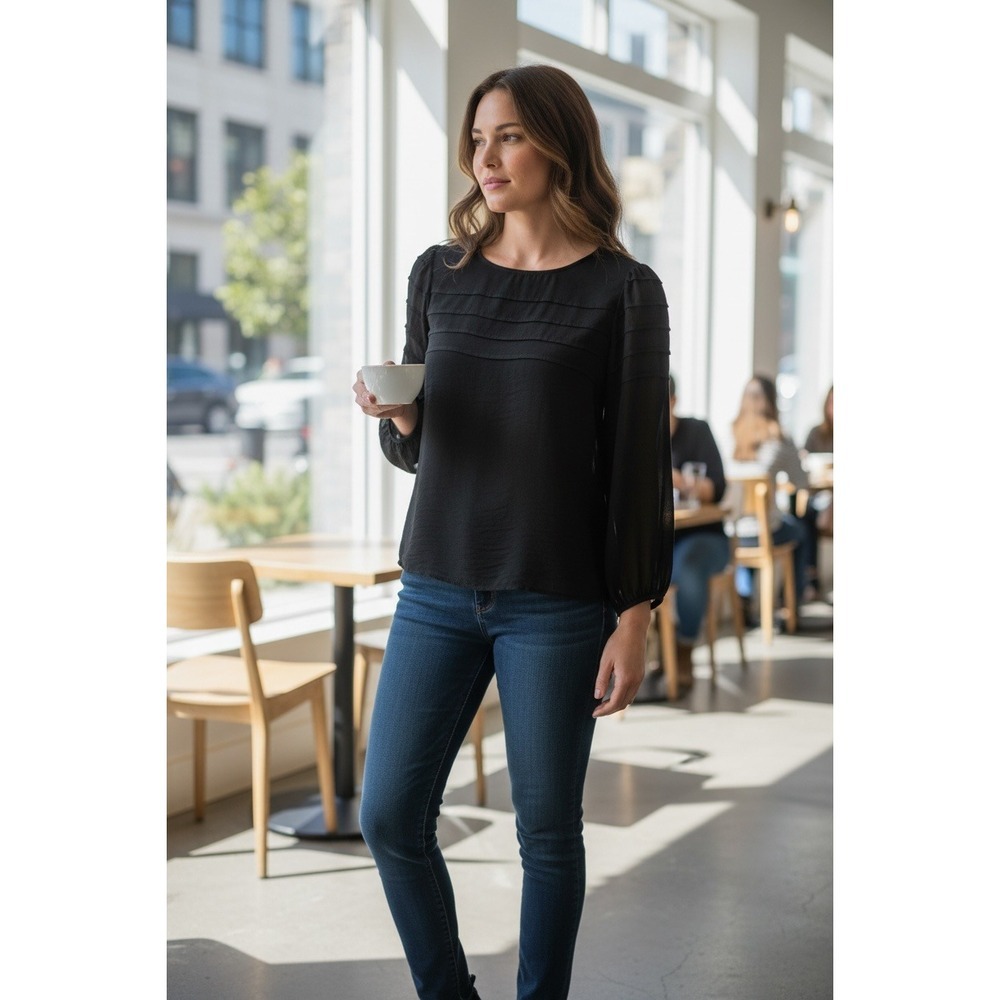 LOFT Black Textured Pleated Long Sleeve Crew Neck Blouse Top Size L